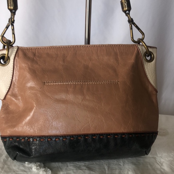 THE SAK tan, cream, and navy blue genuine leather shoulder bag. Braided strap. - Picture 5 of 14